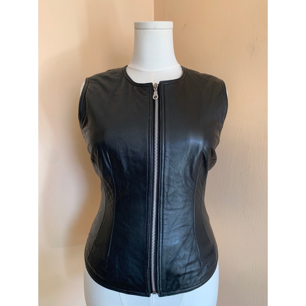 Morgan Taylor Studio Black Leather Zip Up Vest Top Size 4 Sleeveless Biker Moto